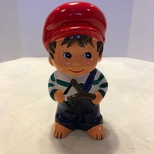 Vintage‎ hand painted Boy w/red hat and sling shot piggy bank